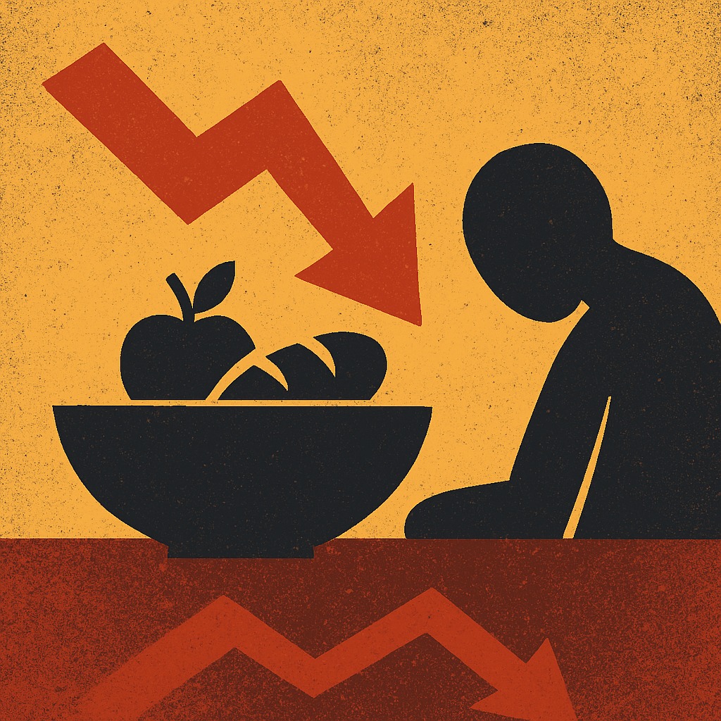 An abstract illustration showing food insecurity: a dark silhouette of a person hunched over beside a bowl with minimal food (an apple and bread), while bold red downward arrows point toward the food, symbolizing declining nourishment and rising hunger.