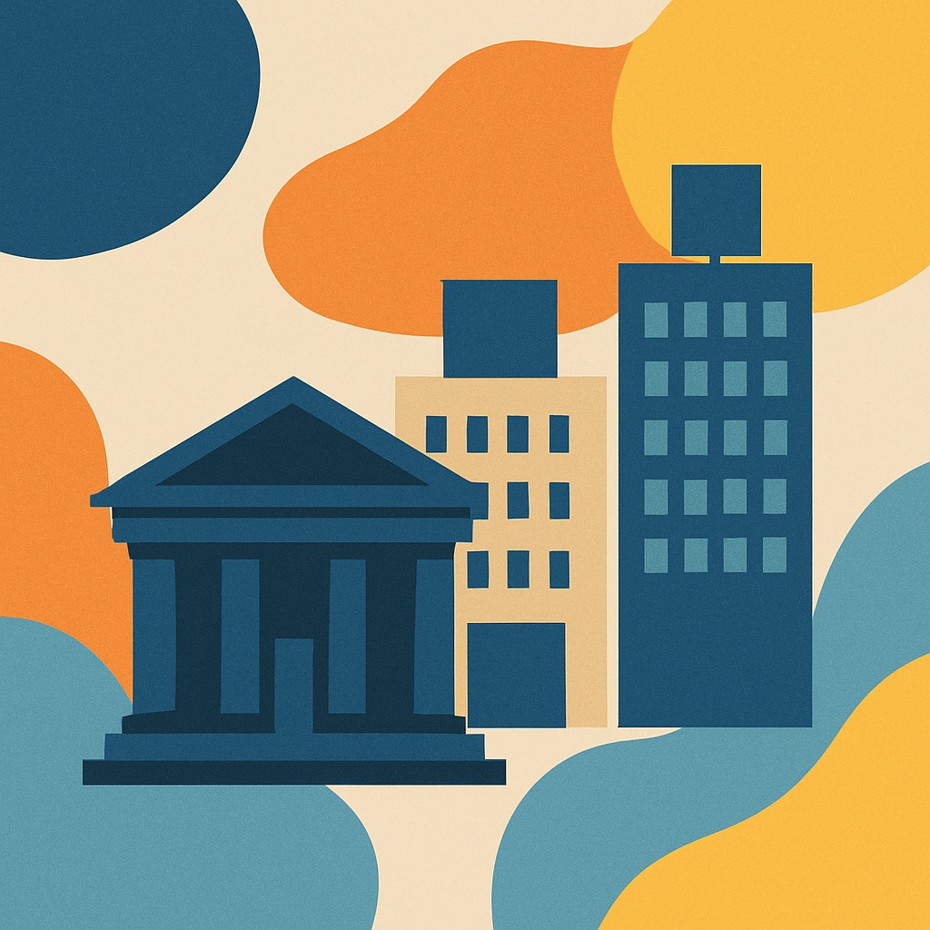An abstract digital illustration featuring three stylized bank buildings, one classical structure with columns in dark blue and two modern high-rises in beige and blue, set against a vibrant background of overlapping organic shapes in orange, yellow, blue, and beige tones. The image has a clean, modern aesthetic and symbolizes financial institutions or banking concepts.