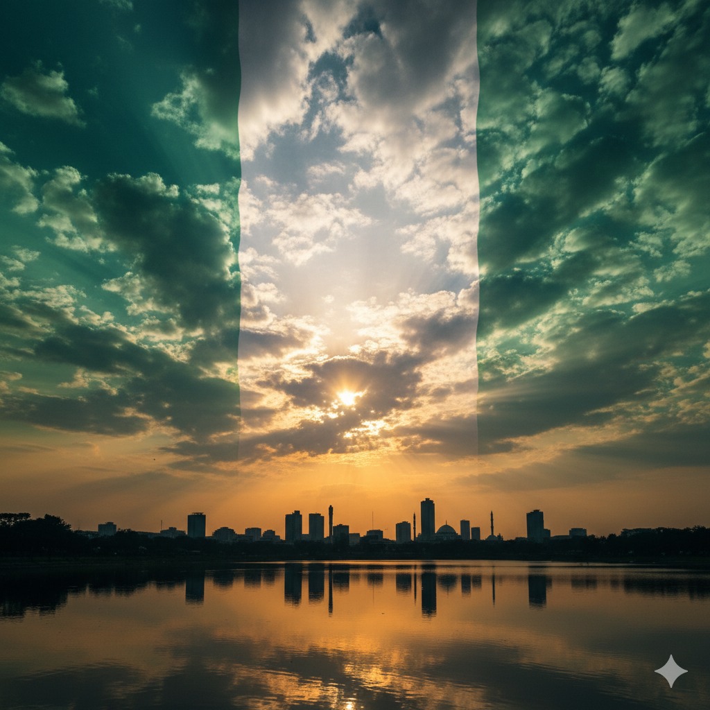 The image is the Nigerian national flag, with its green-white-green vertical bands, is transparently imposed over a stunning evening scene. A vibrant sunset breaks through the clouds, casting a golden glow over the water, which reflects the silhouettes of a distant city skyline.